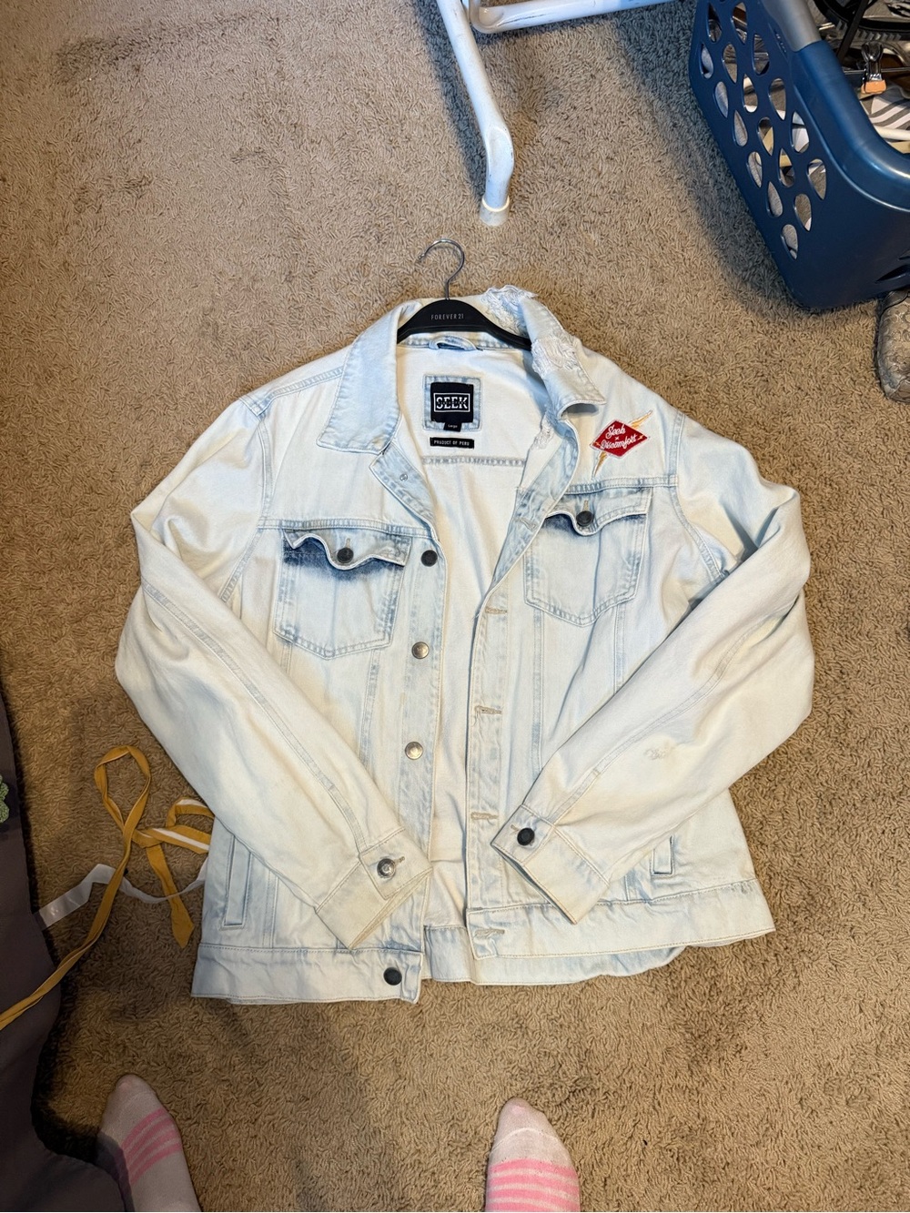 Light Cream Denim Jacket with Red Patch by GEEK